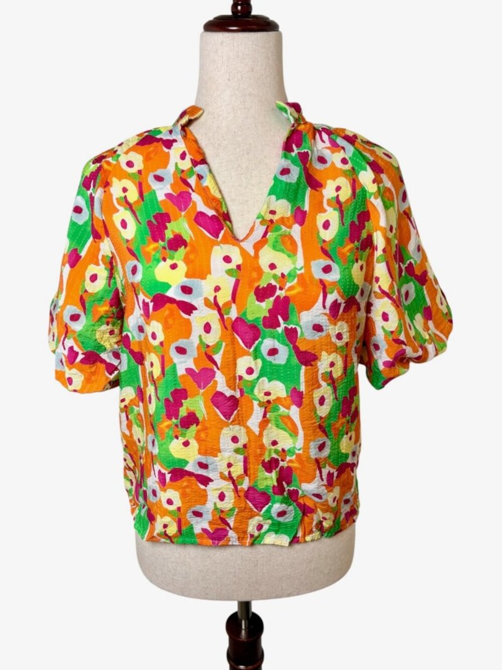THML Orange Green Floral Split Neck Puff Sleeve Top Size XS